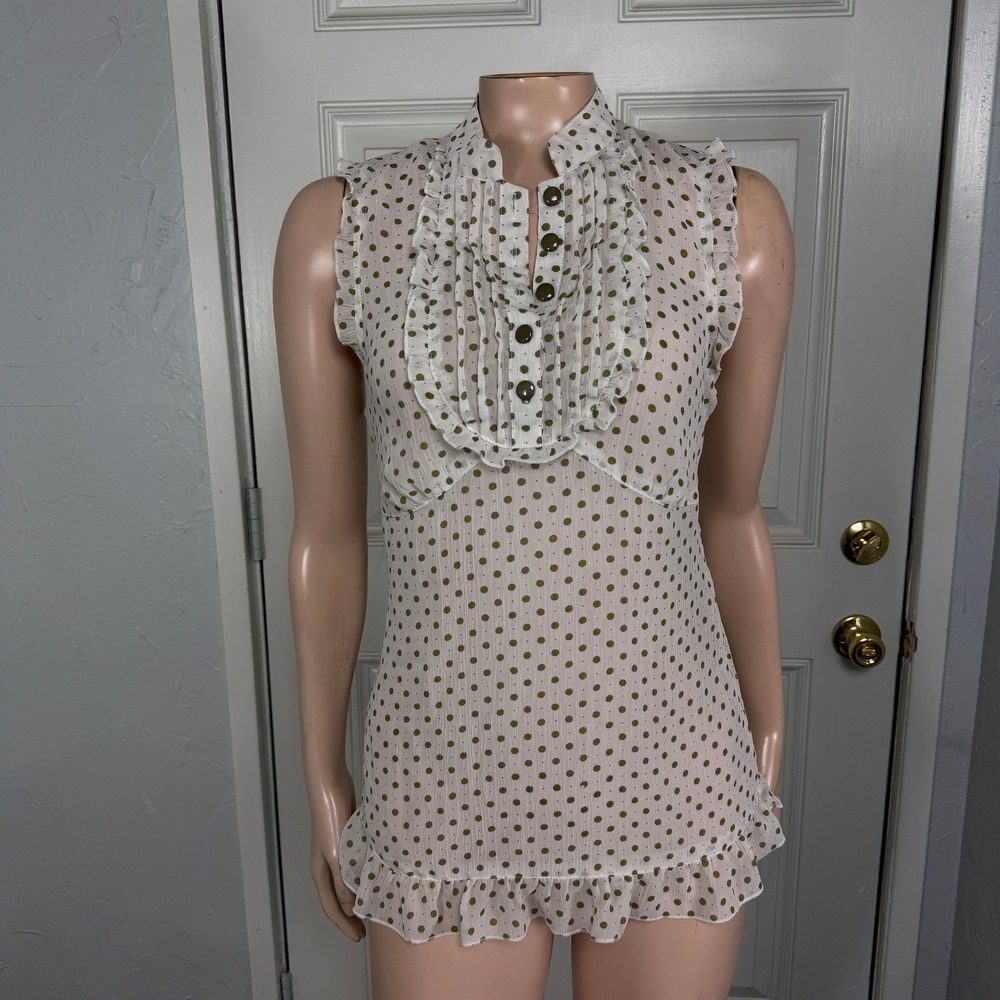 Vintage Y2K Forever 21 Shirt Medium Tank Top Henley Polka Dot Pintuck Ruffle K26